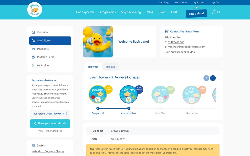 Puddle Ducks child profile and swim journey design