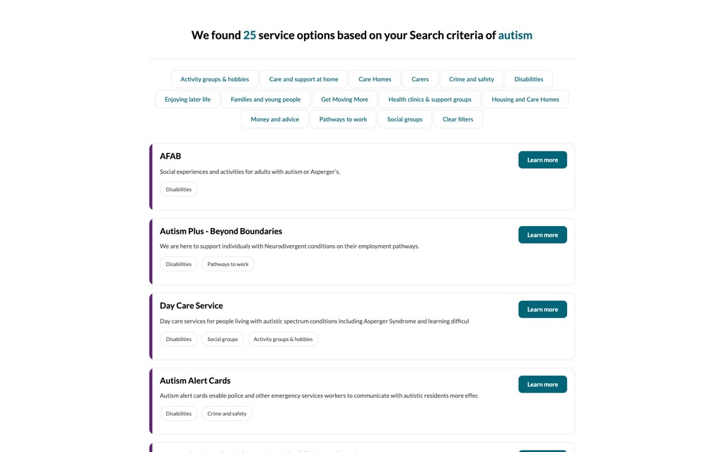Live Well Barnsley search results for autism after the redesign