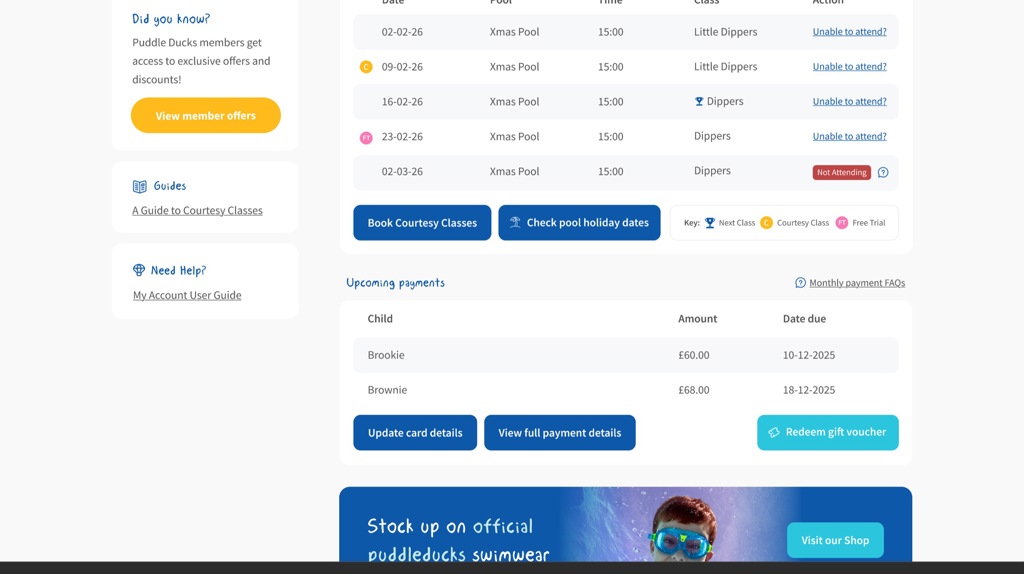 Puddle Ducks scheduled lessons and payments design