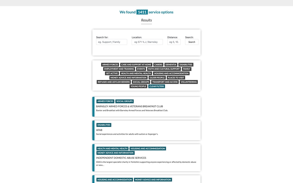 Live Well Barnsley search before the redesign