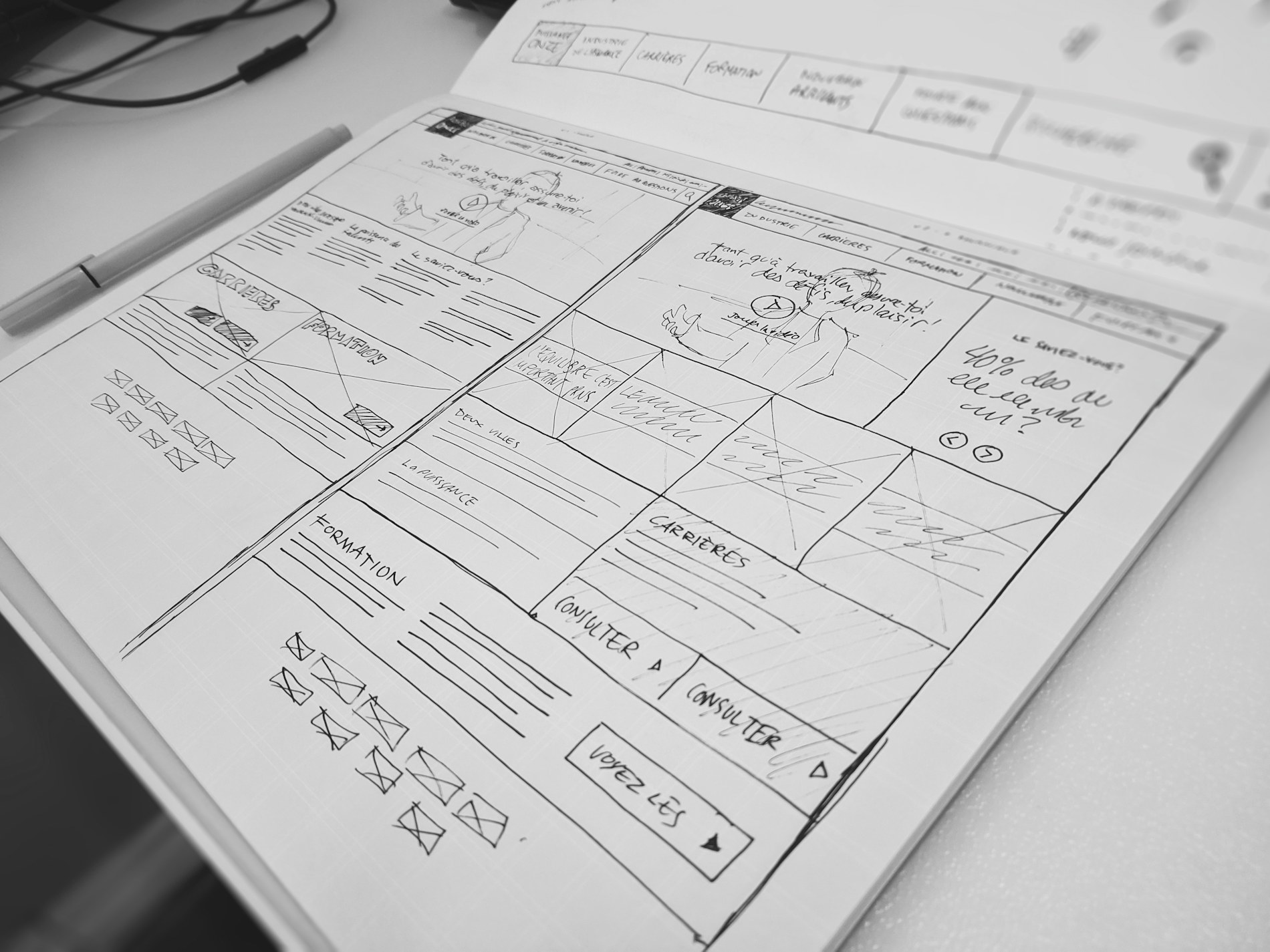 A hand-drawn website wireframe